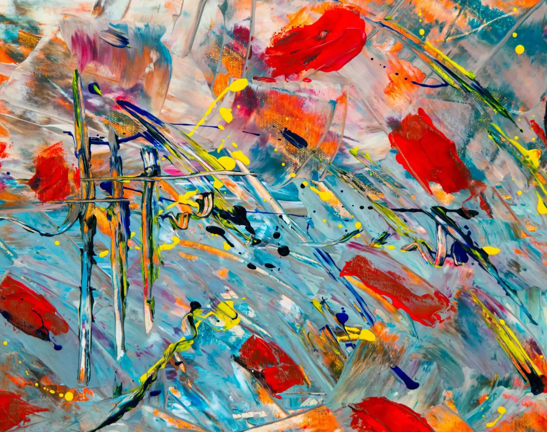 qeew A painting of red flowers and blue sky